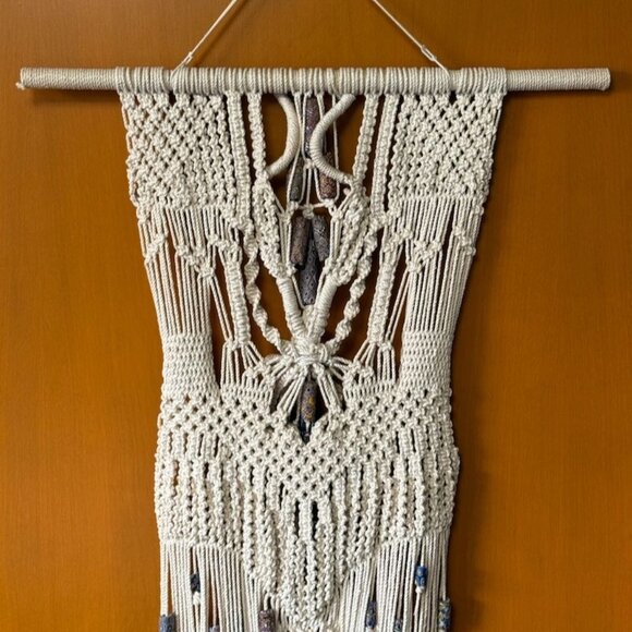 Vintage Macramé Wall Hanging Boho Venetian Antique Chevron Cane Millefiori Beads - Picture 9 of 10